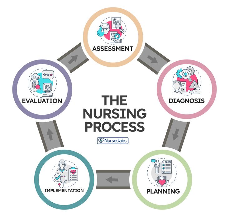 Diagram of the nursing process cycle: assessment, diagnosis, planning, implementation, and evaluation.